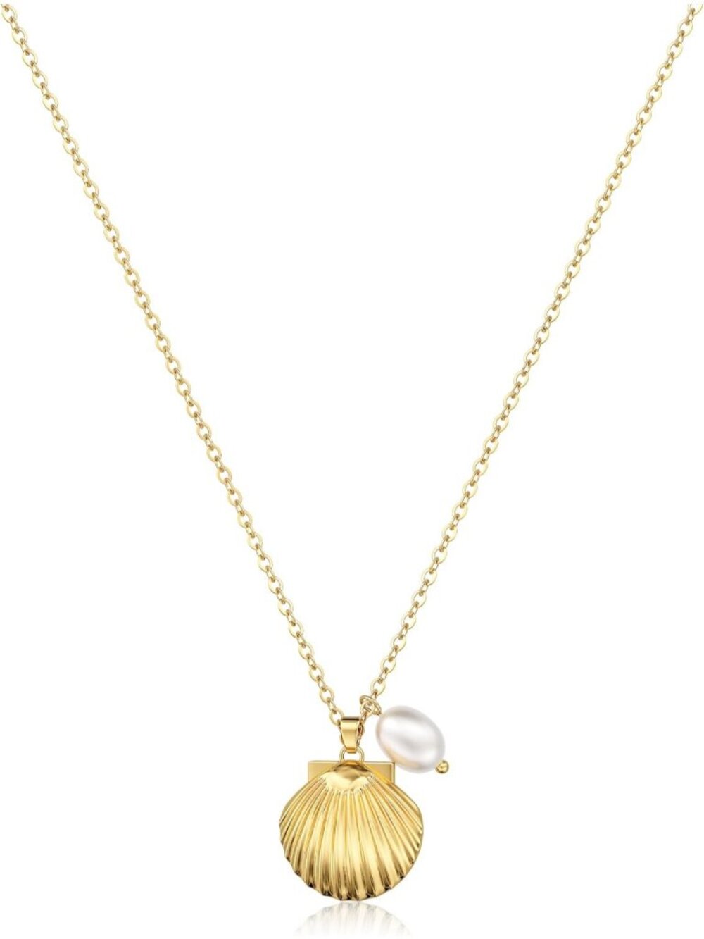 Women's Shell Pearl Chain Pendant Layered Cuban Link Necklace